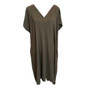 Lands End Dress Midi Sz 1x 16W-18W Green Crinkle Gauze Cotton V Neck Sleeveless